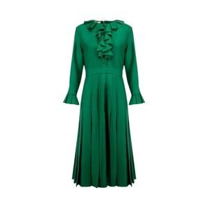 Gucci Green Heavy Silk Twill Pleated Ruffle Trim Midi Dress sz 48